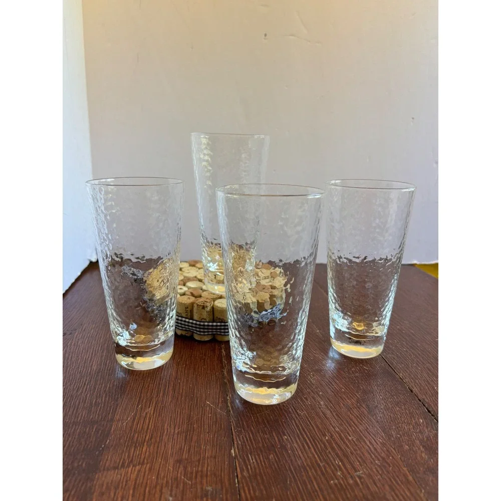 Set 4 Hammered Texture Clear Glass Highball Tumblers 6.25 Inch Iced Tea Glasses